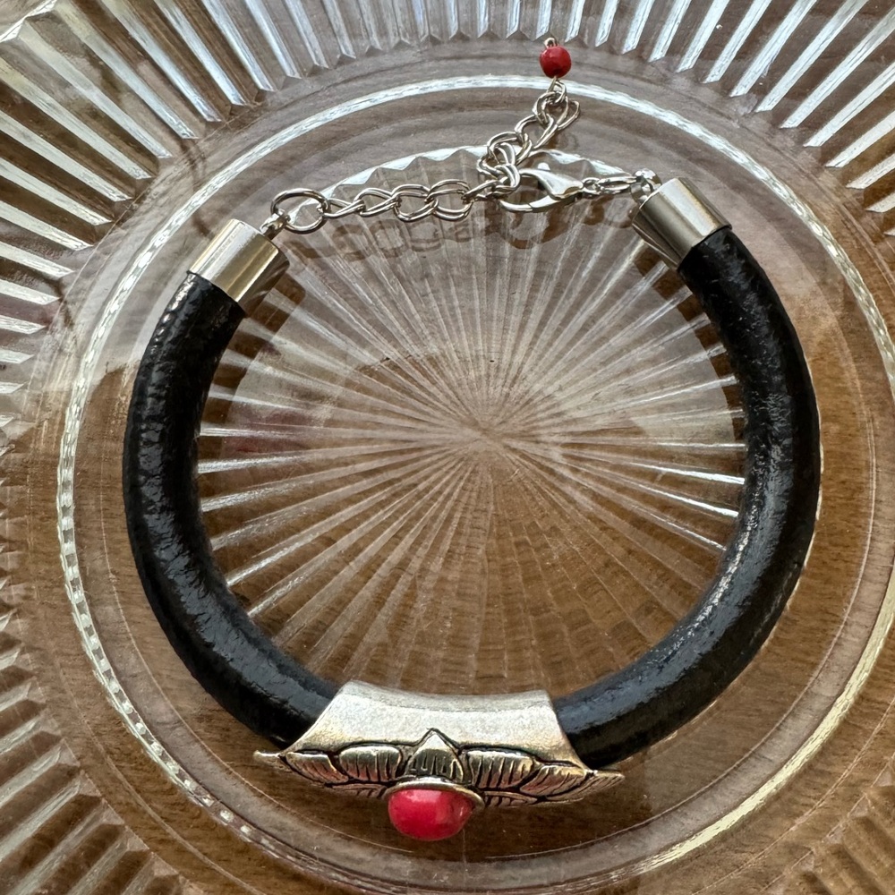 Handmade Black Leather Bracelet with Silver & Red Accent - Picture 3 of 4